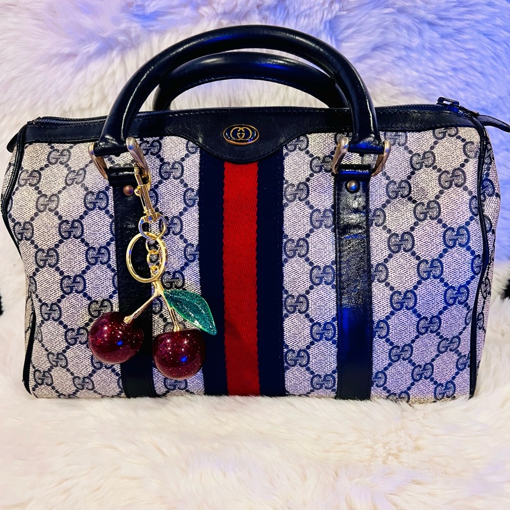 Gucci Sherry Line Navy and Red Color Scheme Boston Bag